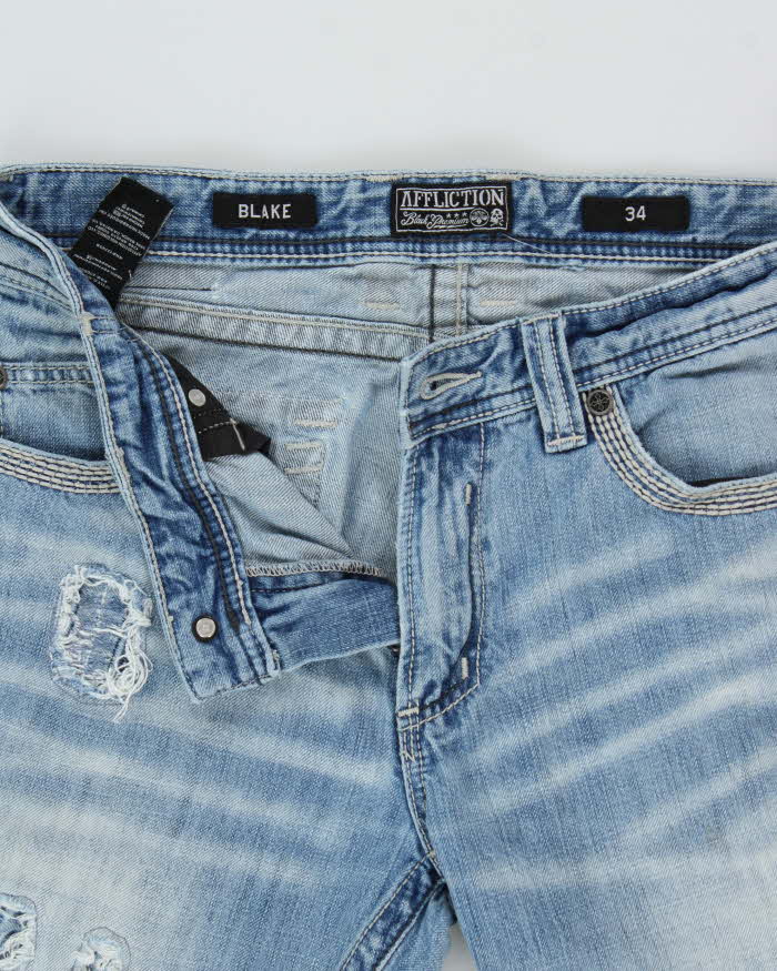 Vintage Y2K 00s Affliction Blake Embellished Distressed Mid Rise Relaxed Straight Leg Jeans - W34 L31