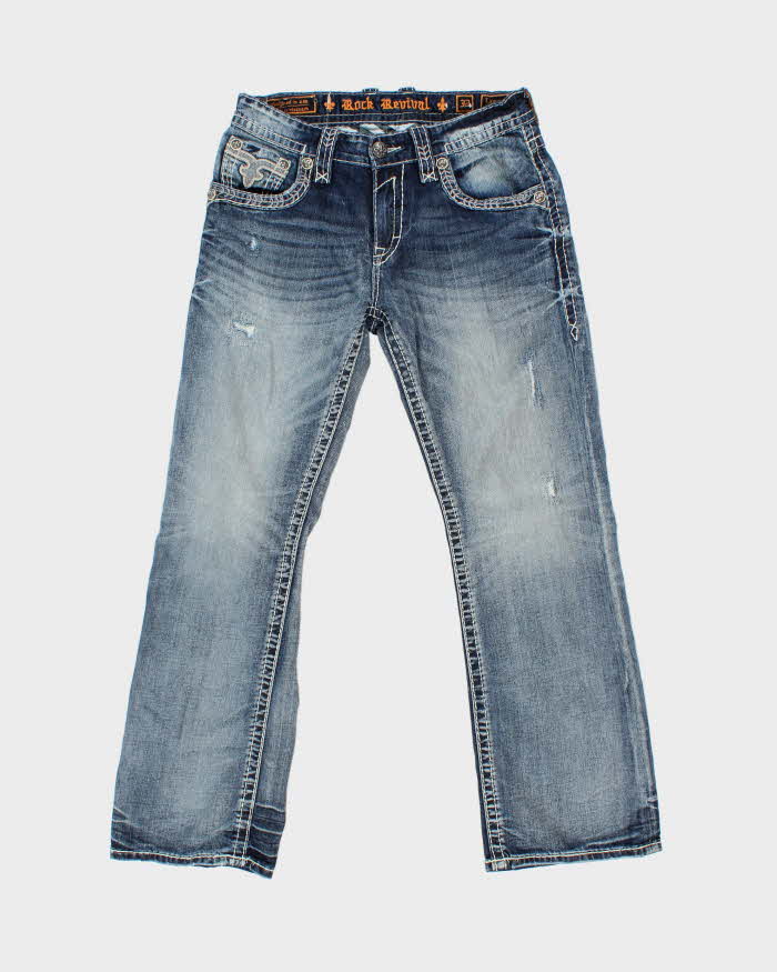 Vintage Y2K 00s Rock Revival Embroidered Low-Rise Distressed Denim Lamont Bootcut Jeans - W32 L31