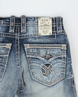 Vintage Y2K 00s Rock Revival Embroidered Low-Rise Distressed Denim Lamont Bootcut Jeans - W32 L31