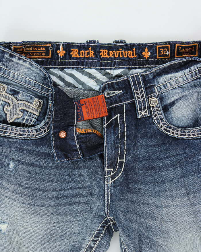Vintage Y2K 00s Rock Revival Embroidered Low-Rise Distressed Denim Lamont Bootcut Jeans - W32 L31