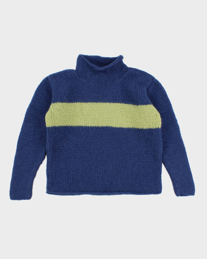 Men's Vintage Blue And Green Hand Knit Sweater - M