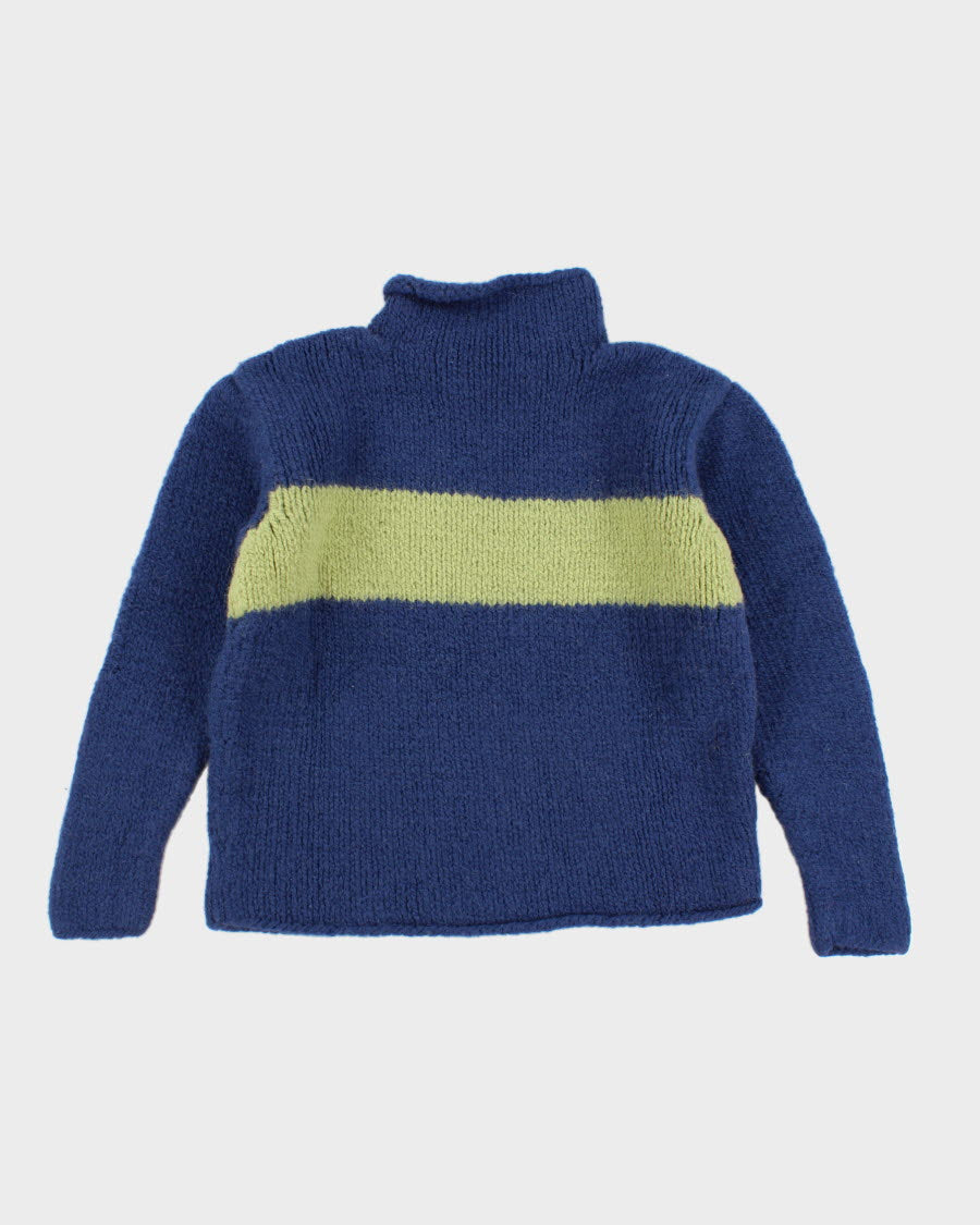 Men's Vintage Blue And Green Hand Knit Sweater - M