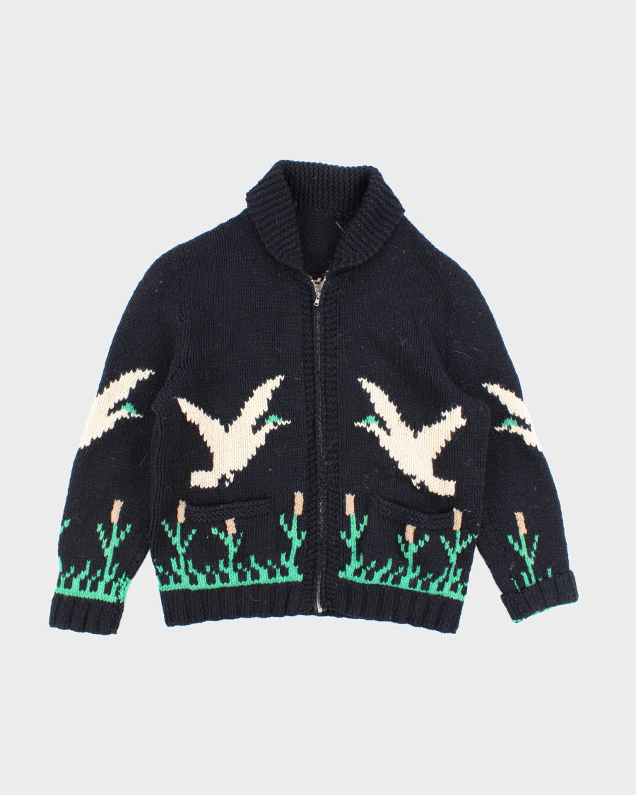 Men's Black Hand Knit Bird Print Zip Up Cardigan - XL