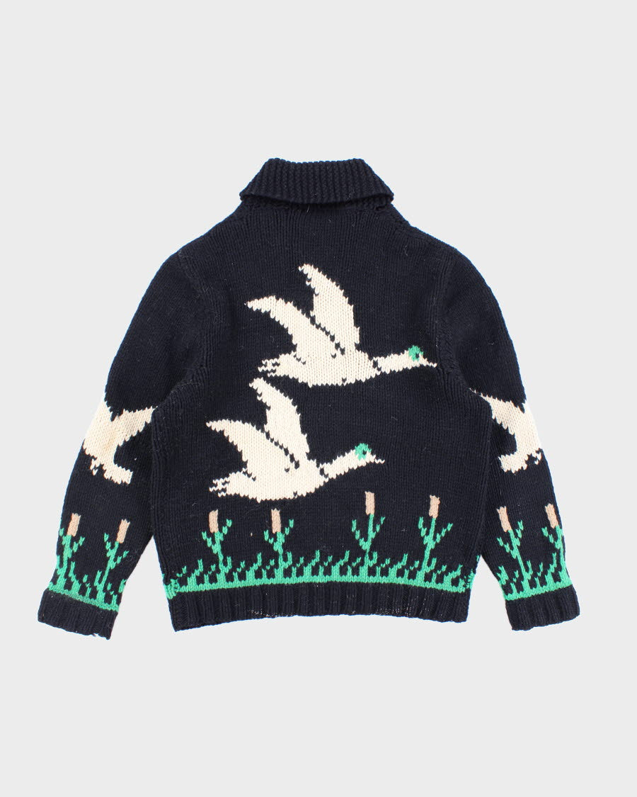 Men's Black Hand Knit Bird Print Zip Up Cardigan - XL