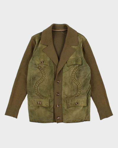 Mens 1970s Moss Green Suede and knit Cardigan - S