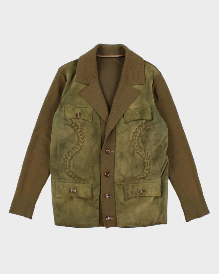 Mens 1970s Moss Green Suede and knit Cardigan - S