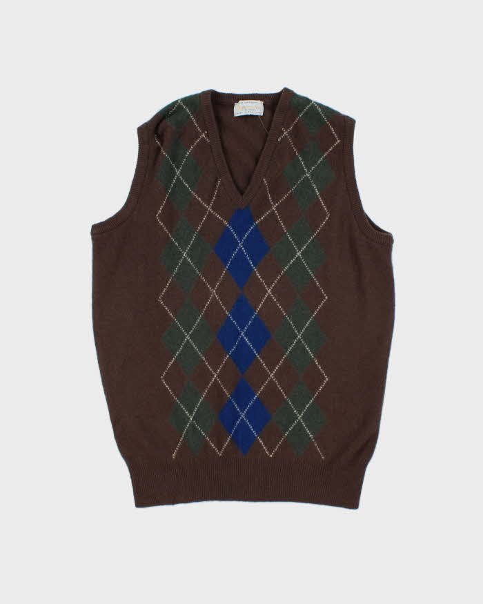 Vintage 1980s Aquascutum Lambswool Made In Scotland Argyle V-Neck Knit Sweater Vest - L