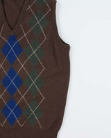Vintage 1980s Aquascutum Lambswool Made In Scotland Argyle V-Neck Knit Sweater Vest - L