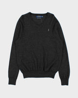 Vintage Polo Ralph Lauren Marl Grey Merino Wool V-Neck Knit Jumper - M