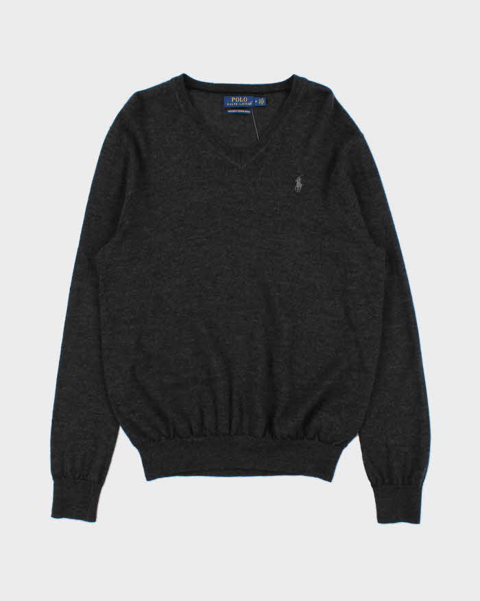 Vintage Polo Ralph Lauren Marl Grey Merino Wool V-Neck Knit Jumper - M