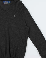 Vintage Polo Ralph Lauren Marl Grey Merino Wool V-Neck Knit Jumper - M