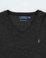 Vintage Polo Ralph Lauren Marl Grey Merino Wool V-Neck Knit Jumper - M