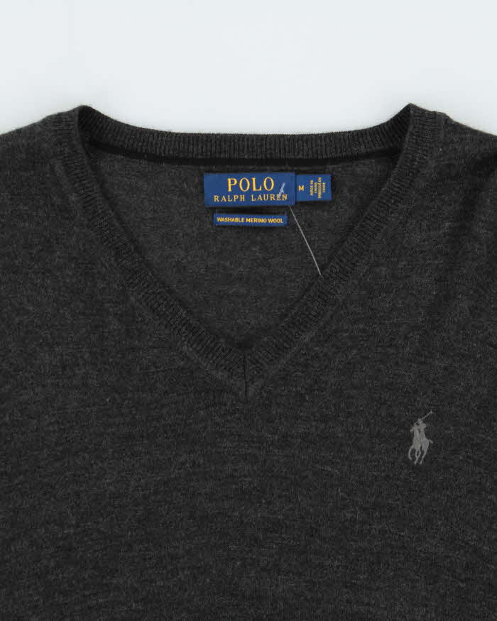 Vintage Polo Ralph Lauren Marl Grey Merino Wool V-Neck Knit Jumper - M