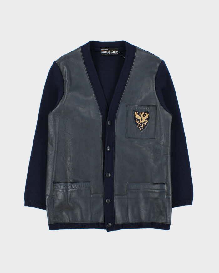 Vintage 1970s Dauphilaine Grenoble Navy Wool Leather Knit Made In France Cardigan - M