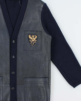 Vintage 1970s Dauphilaine Grenoble Navy Wool Leather Knit Made In France Cardigan - M