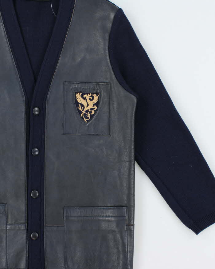 Vintage 1970s Dauphilaine Grenoble Navy Wool Leather Knit Made In France Cardigan - M