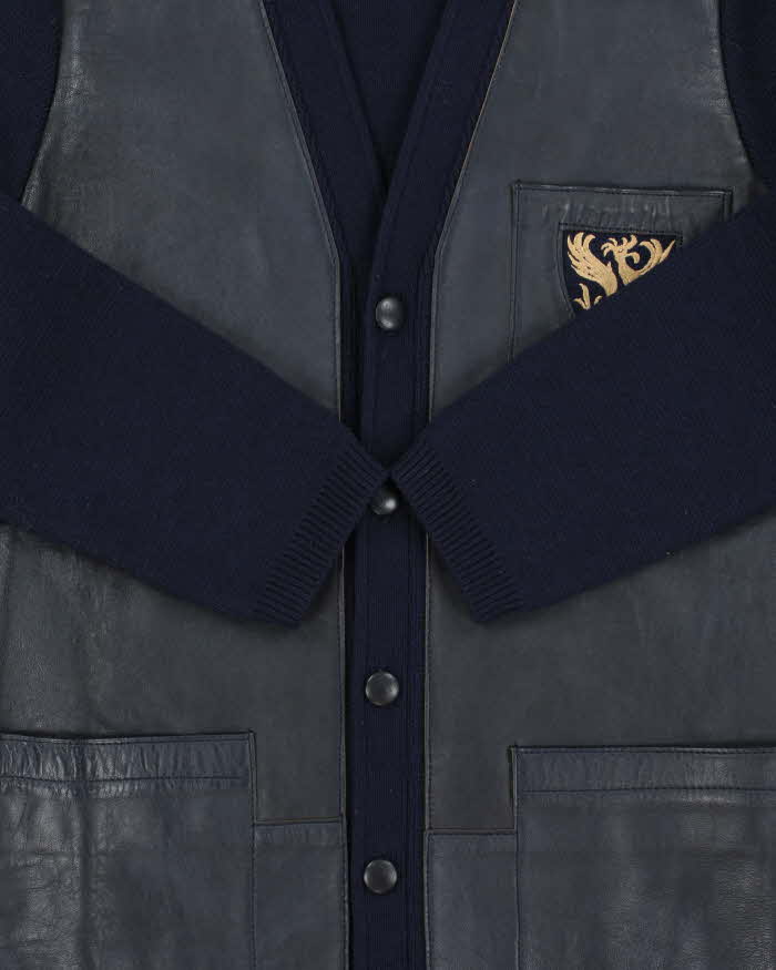 Vintage 1970s Dauphilaine Grenoble Navy Wool Leather Knit Made In France Cardigan - M