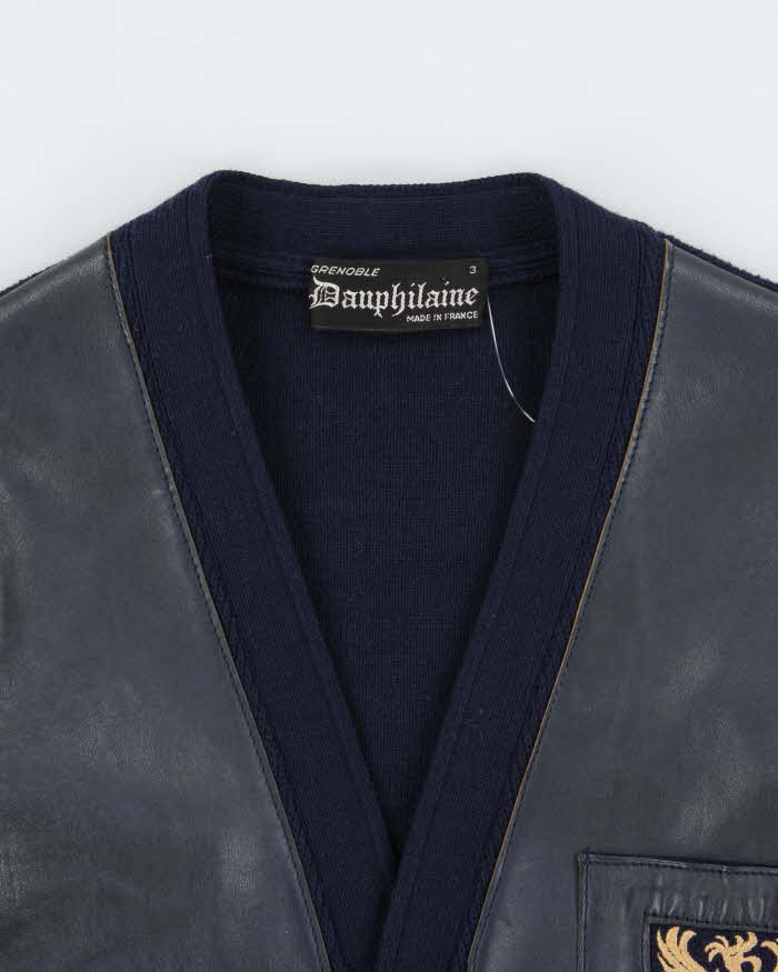 Vintage 1970s Dauphilaine Grenoble Navy Wool Leather Knit Made In France Cardigan - M