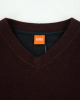 Vintage Y2K 00s Hugo Boss Bordeaux Wool Blend Thermal Lined V-Neck Knit Jumper - XL