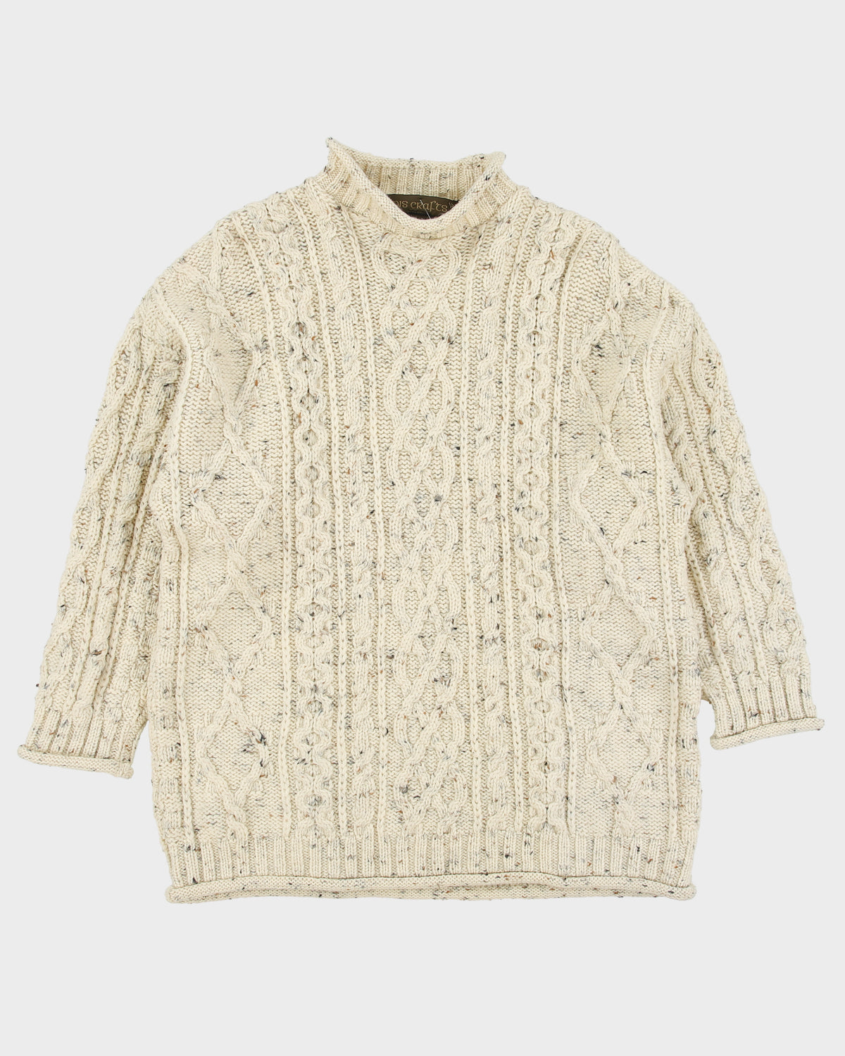 Vintage Inis Crafts Made In Ireland Speckled Wool Aran Knit High Neck Jumper - M
