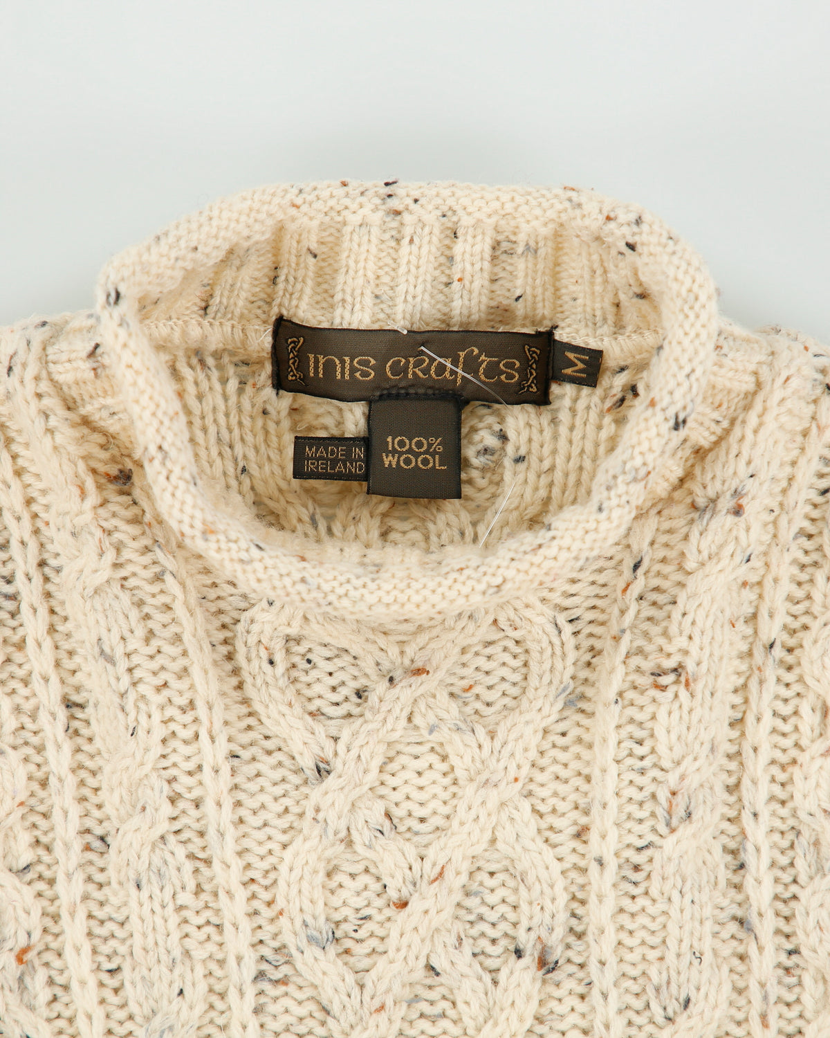 Vintage Inis Crafts Made In Ireland Speckled Wool Aran Knit High Neck Jumper - M