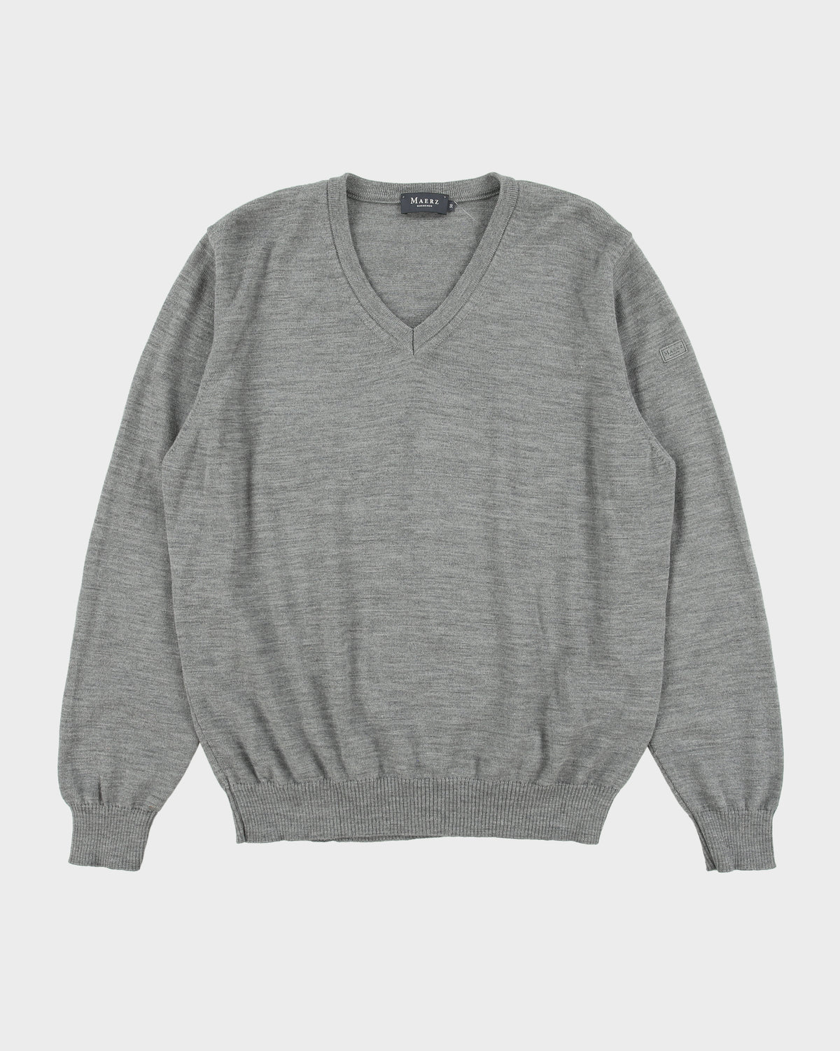 Maerz Muenchen Marl Grey Merino Wool Knit V-Neck Jumper - L