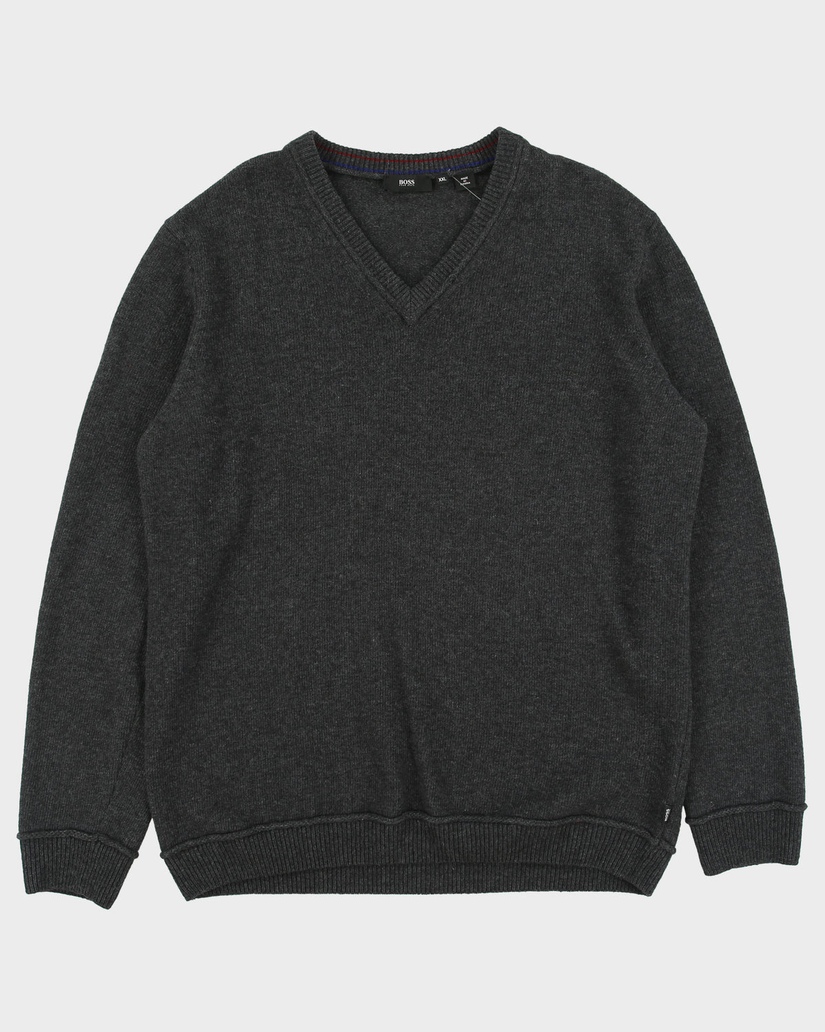 Vintage Hugo Boss Marl Grey Yak Wool Blend Knit Daffino V-Neck Jumper - XXL