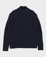 Vintage Polo Ralph Lauren Navy Classic Cable Knit Funnel Neck Quarter-Zip Jumper - XL