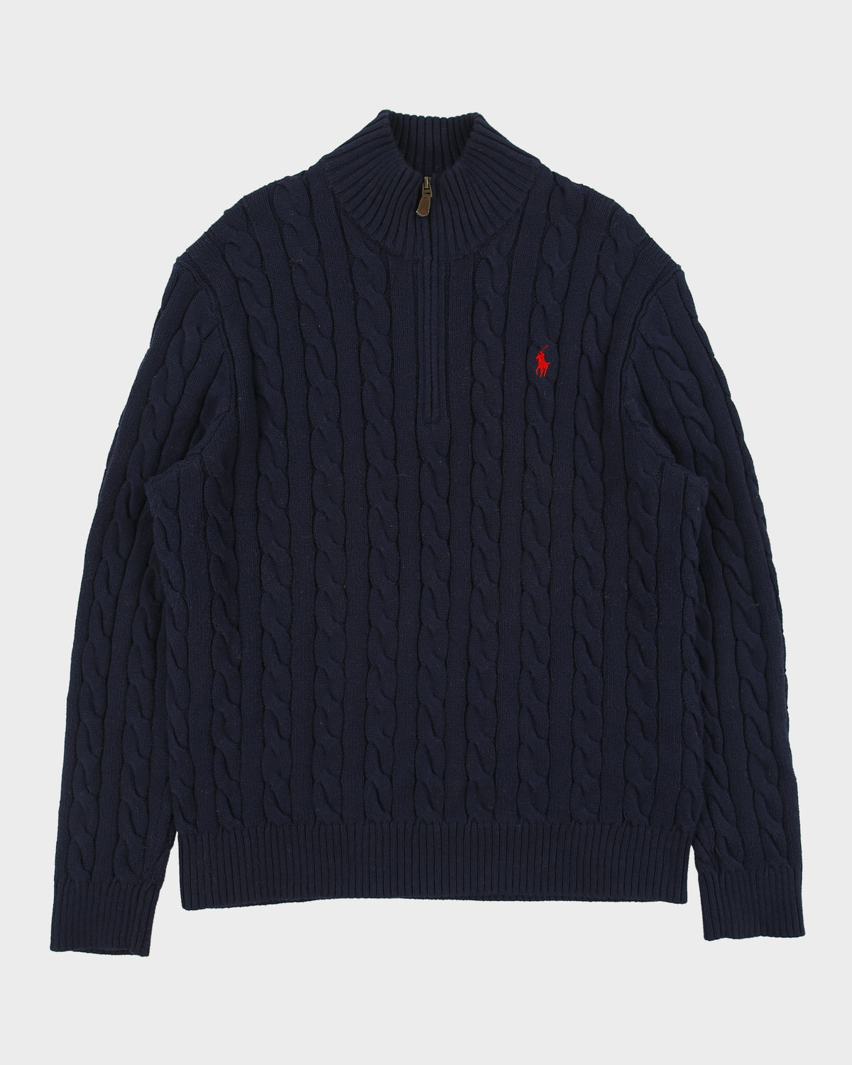 Vintage Polo Ralph Lauren Navy Classic Cable Knit Funnel Neck Quarter-Zip Jumper - XL