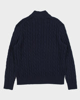 Vintage Polo Ralph Lauren Navy Classic Cable Knit Funnel Neck Quarter-Zip Jumper - XL