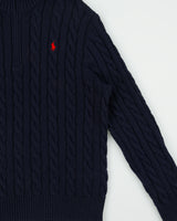 Vintage Polo Ralph Lauren Navy Classic Cable Knit Funnel Neck Quarter-Zip Jumper - XL
