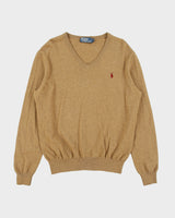 Vintage Y2K 00s Polo Ralph Lauren Tan Merino Wool Classic V-Neck Jumper - L