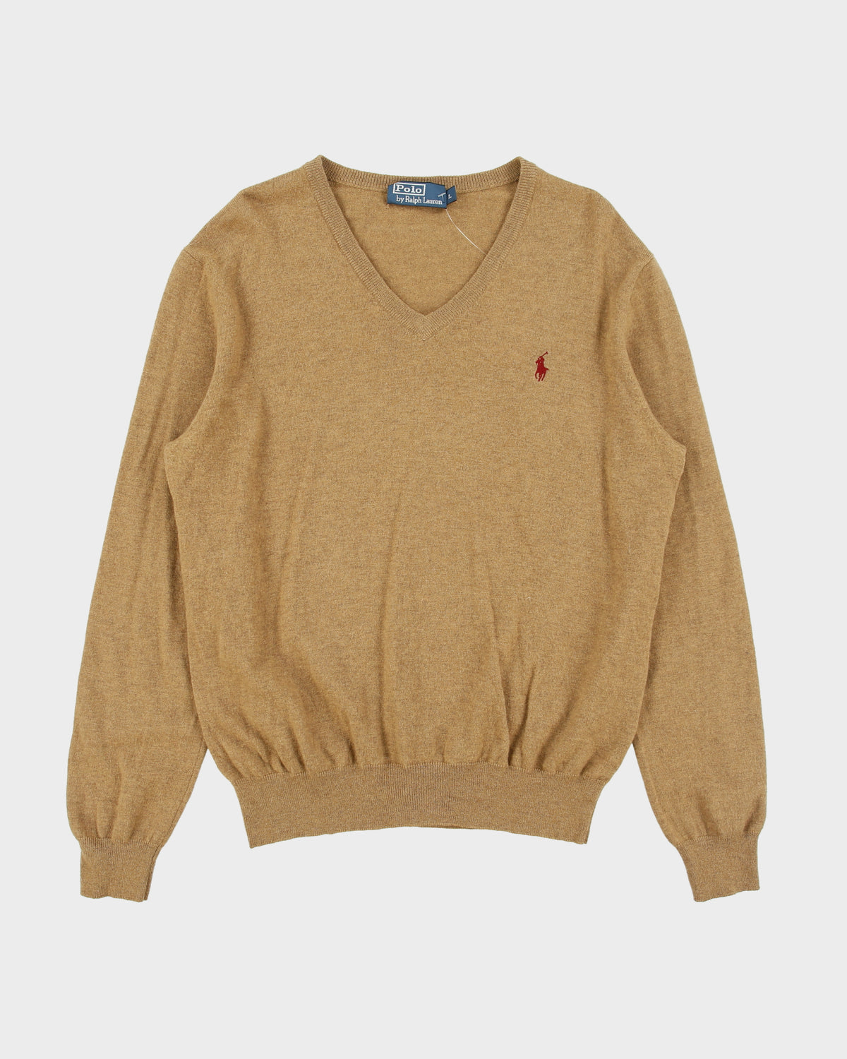 Vintage Y2K 00s Polo Ralph Lauren Tan Merino Wool Classic V-Neck Jumper - L