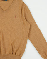 Vintage Y2K 00s Polo Ralph Lauren Tan Merino Wool Classic V-Neck Jumper - L