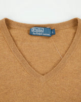 Vintage Y2K 00s Polo Ralph Lauren Tan Merino Wool Classic V-Neck Jumper - L