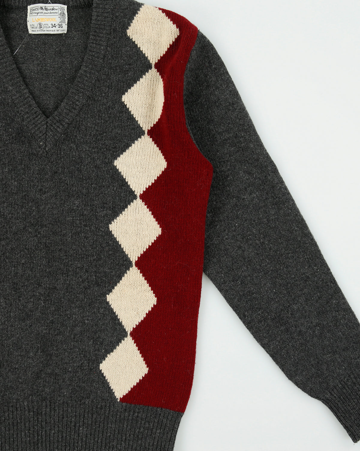 Vintage 1980s Sears Lambswool V-neck Argyle Knit Jumper - S