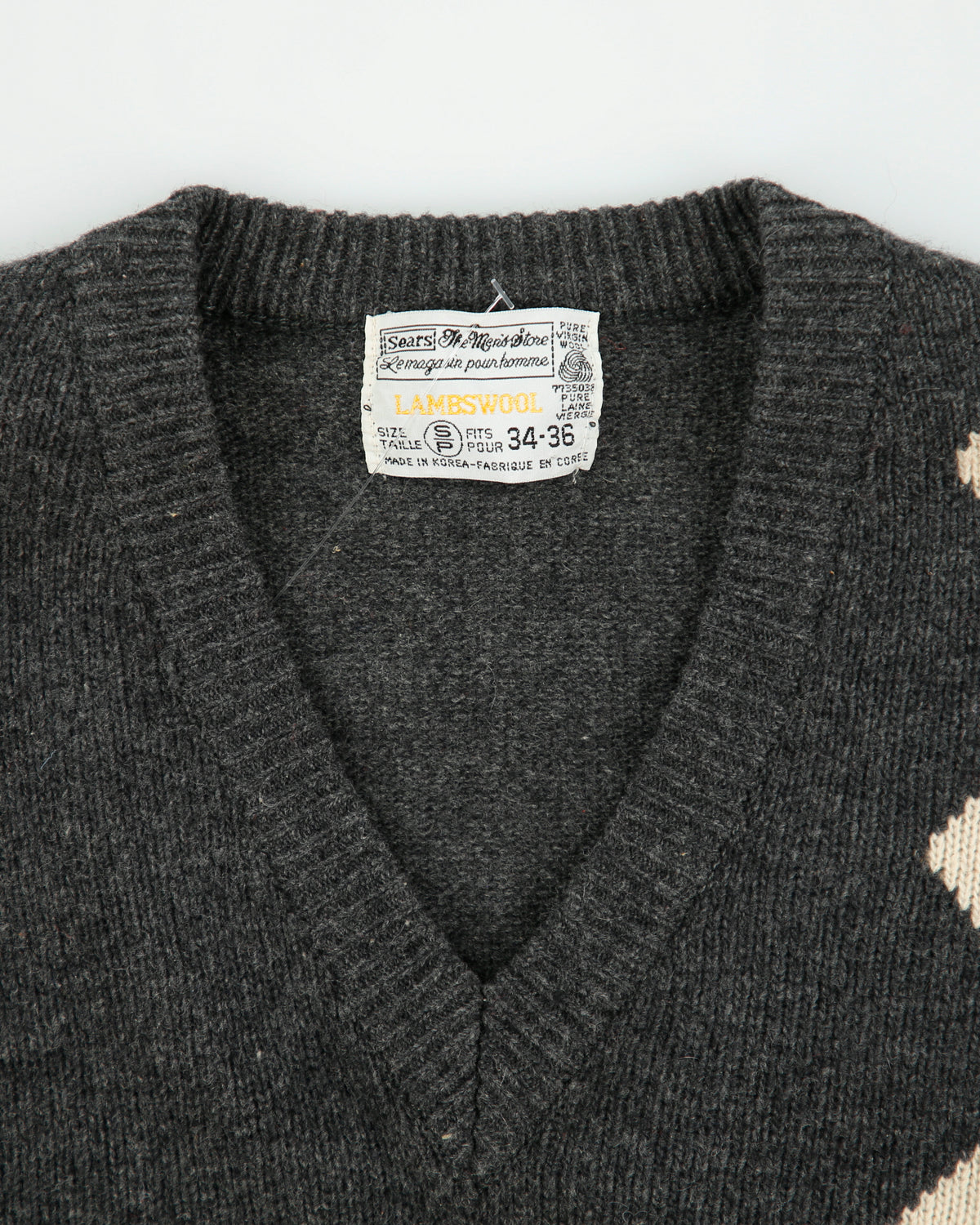 Vintage 1980s Sears Lambswool V-neck Argyle Knit Jumper - S