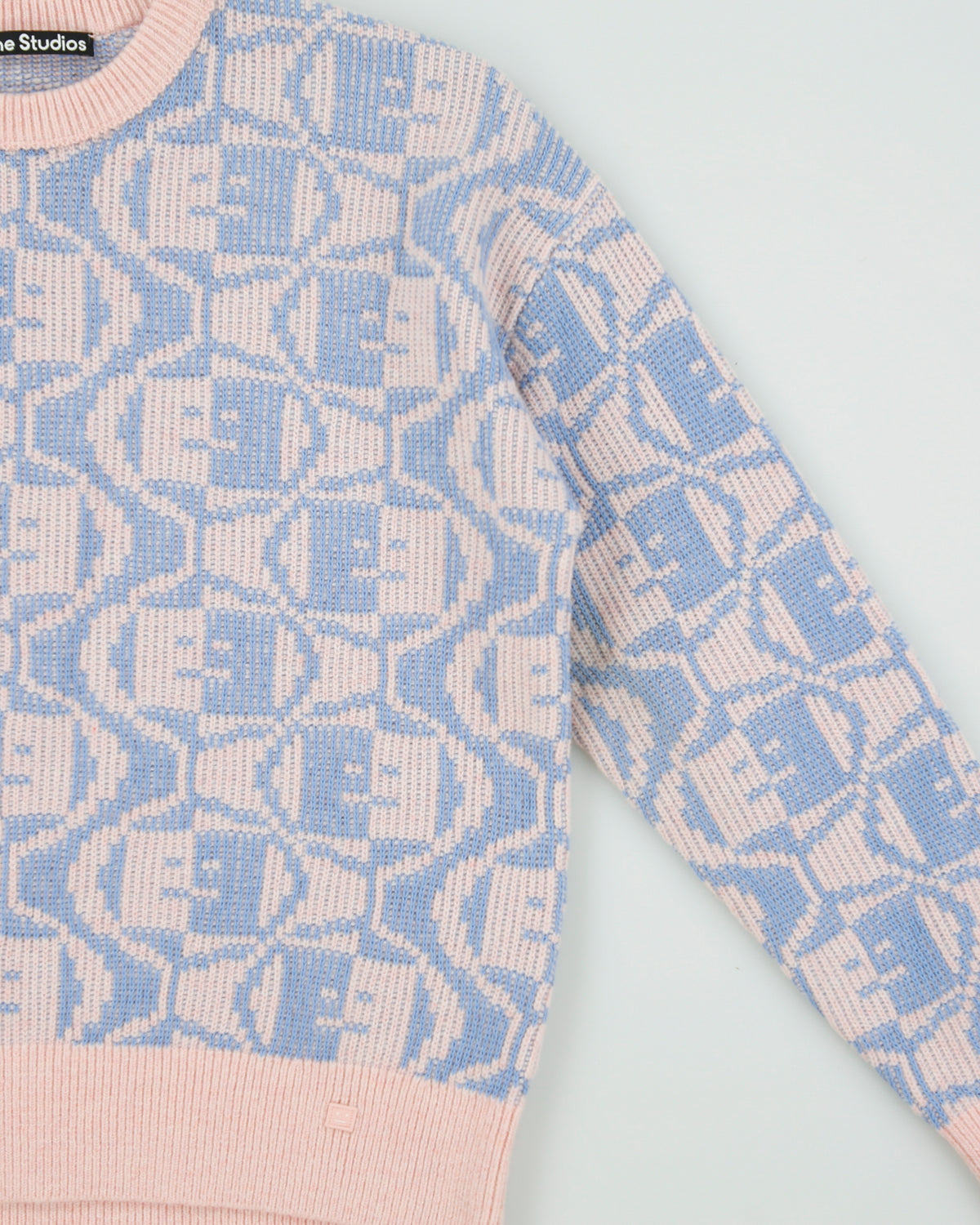 Acne Studios Katch 2 Tone Face Wool Knit Faded Pink Melange/Light Blue Crewneck Jumper - S