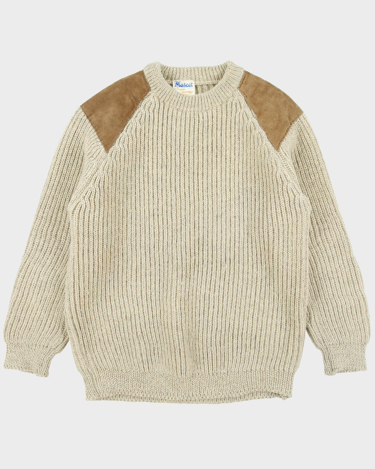 Vintage 1990s Mascot Wool Knit Suede Patch Made In England Chunky Crewneck Jumper - XXL