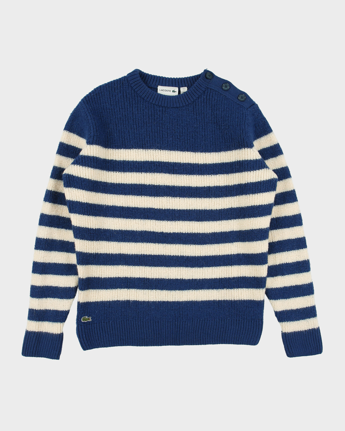 Vintage Lacoste Striped Wool Button Shoulder Chunky Crewneck Knit Jumper - L