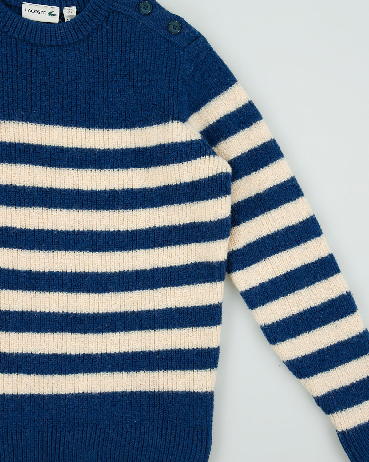 Vintage Lacoste Striped Wool Button Shoulder Chunky Crewneck Knit Jumper - L