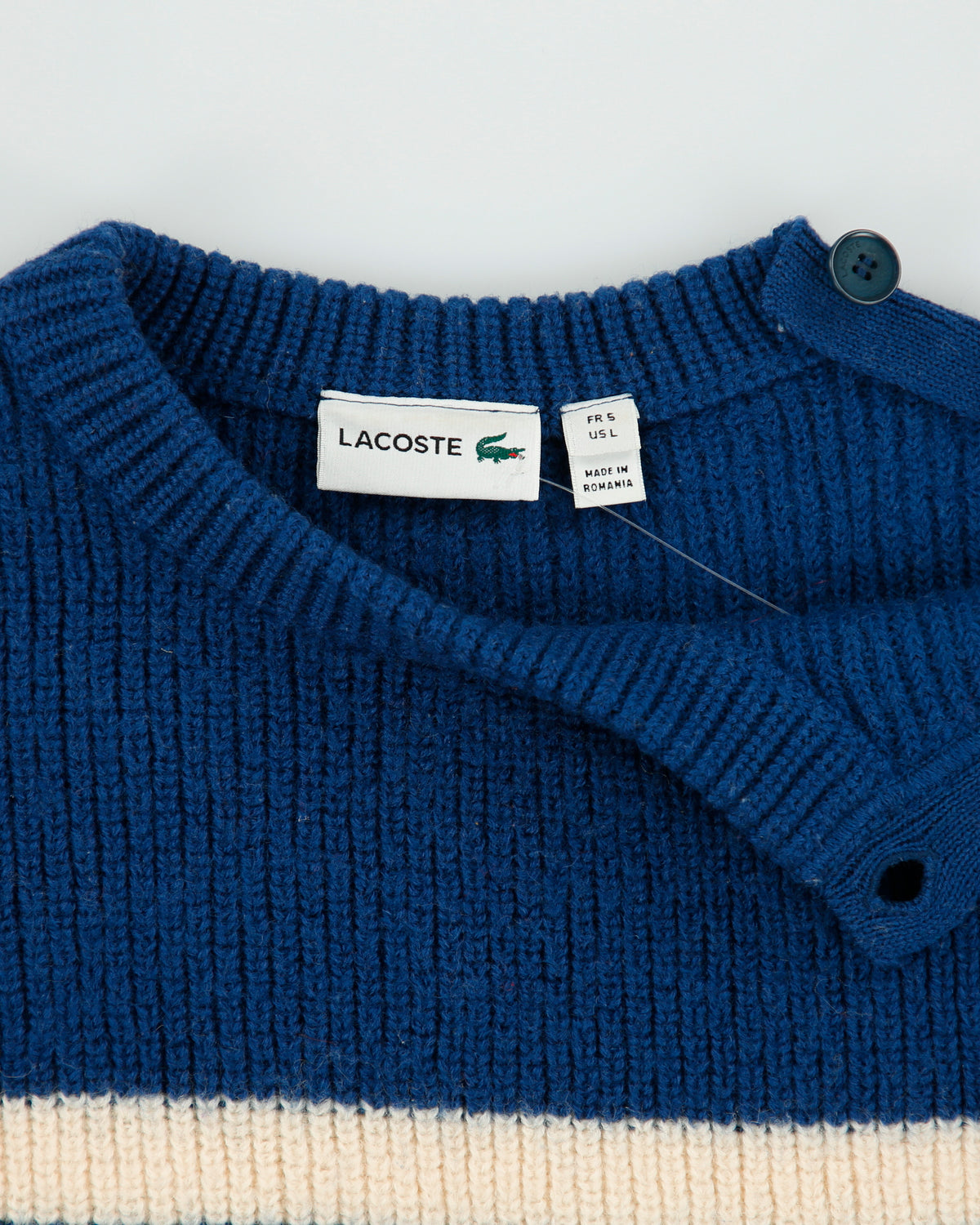 Vintage Lacoste Striped Wool Button Shoulder Chunky Crewneck Knit Jumper - L