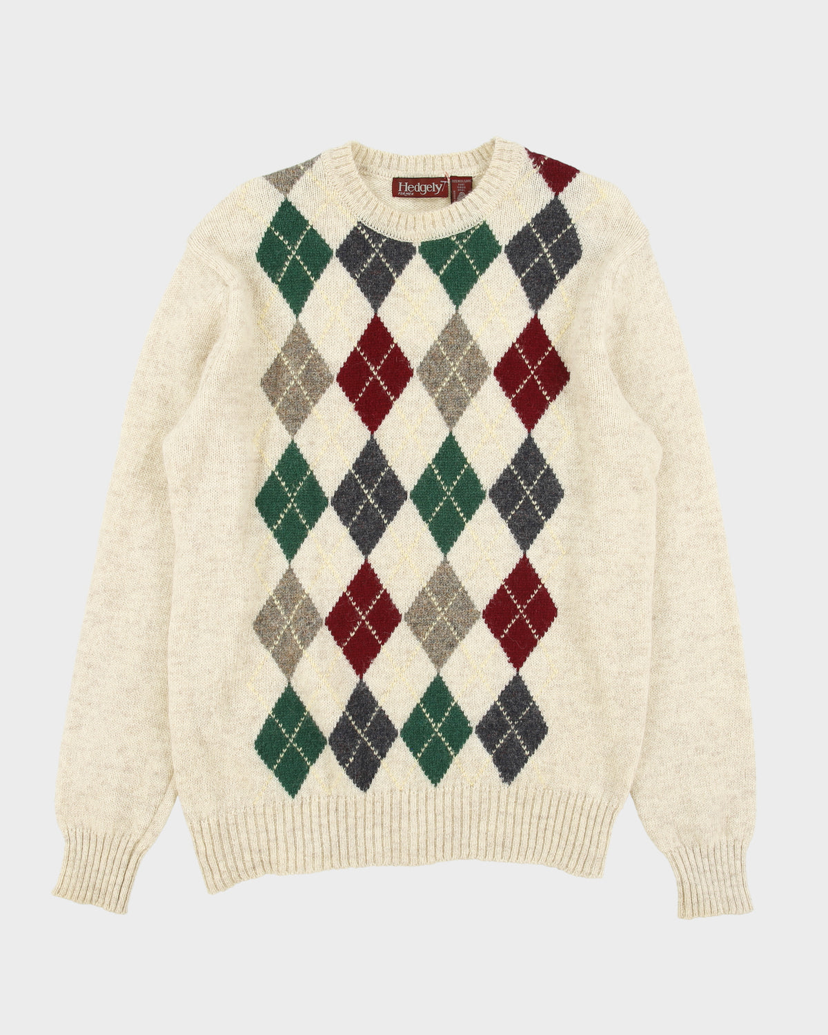 Vintage 1990s Hedgley Wool Argyle Knit Rib Crewneck Jumper - XL