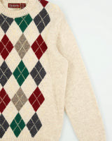 Vintage 1990s Hedgley Wool Argyle Knit Rib Crewneck Jumper - XL