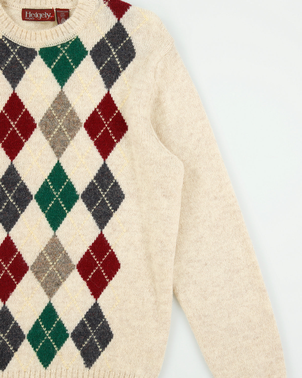 Vintage 1990s Hedgley Wool Argyle Knit Rib Crewneck Jumper - XL
