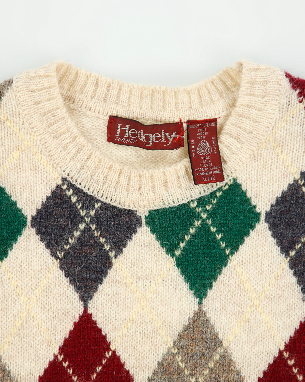 Vintage 1990s Hedgley Wool Argyle Knit Rib Crewneck Jumper - XL