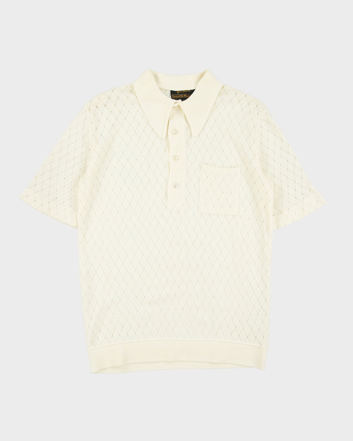 Vintage 1960s Sears Premiere Cream Diamond Open-Knit Short Sleeve Polo Shirt - M