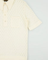 Vintage 1960s Sears Premiere Cream Diamond Open-Knit Short Sleeve Polo Shirt - M