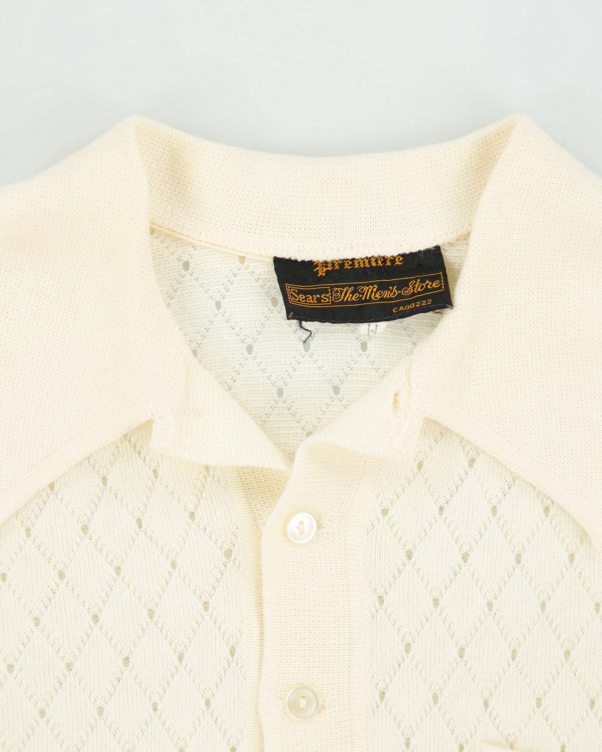 Vintage 1960s Sears Premiere Cream Diamond Open-Knit Short Sleeve Polo Shirt - M