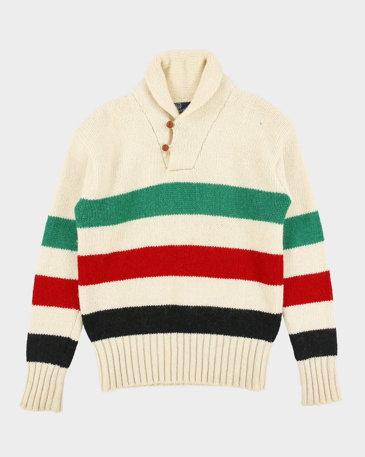 Vintage 1980s Polo Ralph Lauren Wool Hudson Bay Striped Chunky Rib Knit Shawl Neck Jumper - M